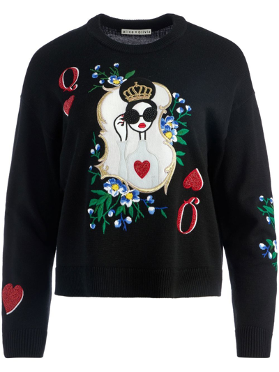 Shop Alice And Olivia Gleeson Embroidered Crew-neck Jumper In Schwarz