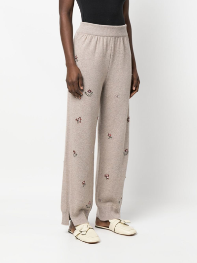 Shop Barrie Floral-embroidered Cashmere Trousers In Nude