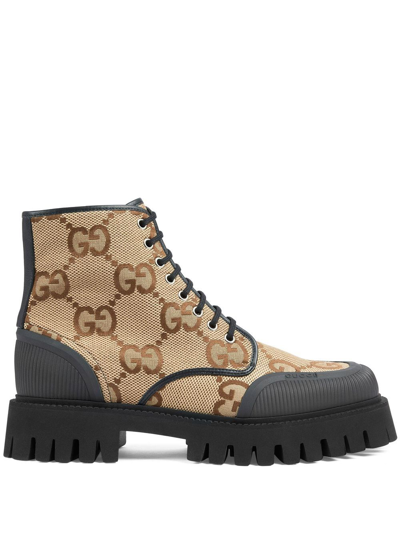 Shop Gucci Gg Lace-up Combat Boots In Neutrals