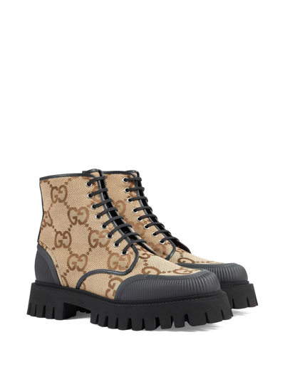 Shop Gucci Gg Lace-up Combat Boots In Neutrals