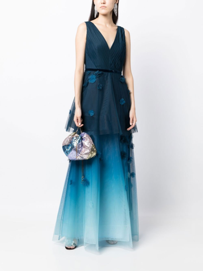 Shop Marchesa Notte Floral-appliqué Ombré-effect Gown In Blau