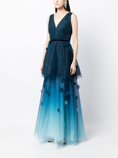 Shop Marchesa Notte Floral-appliqué Ombré-effect Gown In Blau