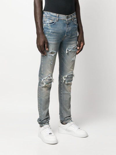 Amiri Men's Destroyed Tie-dye Patch Skinny Jeans In Clay Indigo Amiri Men's Destroyed Tie-dye Patch Skinny Jeans In Clay Indigo