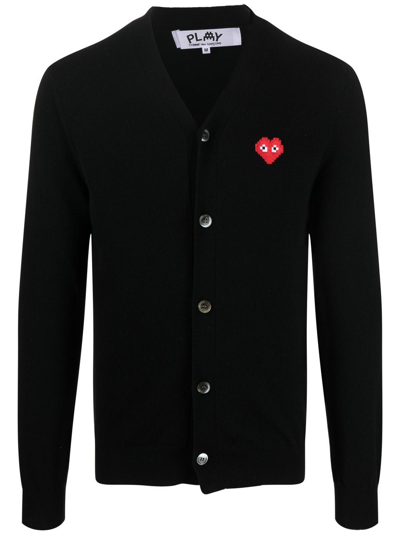 Comme Des Garçons Play Mens Cardigan Knit Black Wool Cardigan With Pixel Heart Patch. In Schwarz