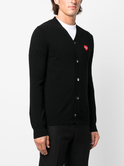 Comme Des Garçons Play Mens Cardigan Knit Black Wool Cardigan With Pixel Heart Patch. In Schwarz
