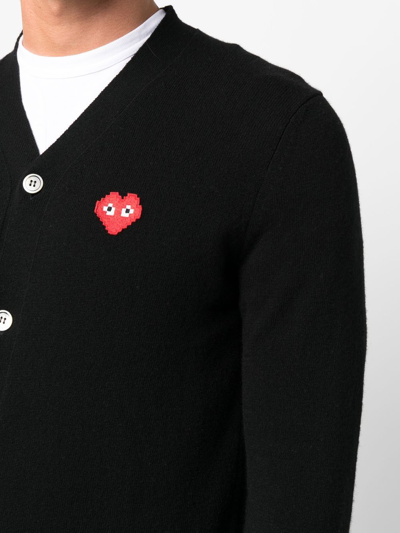 Comme Des Garçons Play Mens Cardigan Knit Black Wool Cardigan With Pixel Heart Patch. In Schwarz