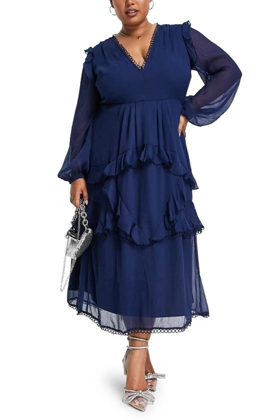 Shop Asos Design Curve Ruffle Long Sleeve Midi Dress In Medium Blue
