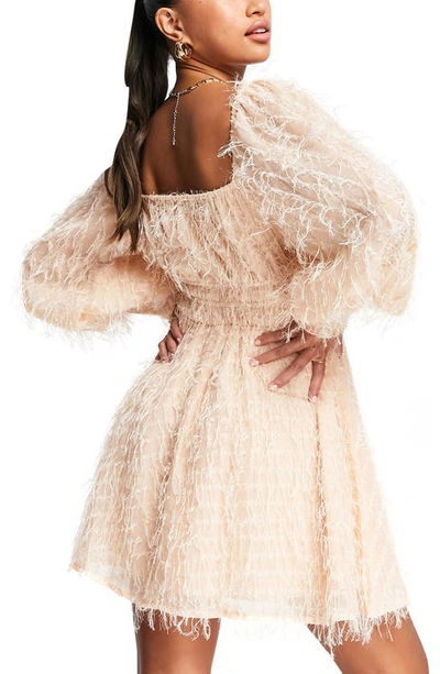 Shop Asos Design Fluffy Shirred Long Sleeve Minidress In Light Pink