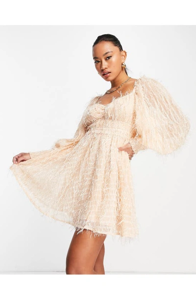 Shop Asos Design Fluffy Shirred Long Sleeve Minidress In Light Pink