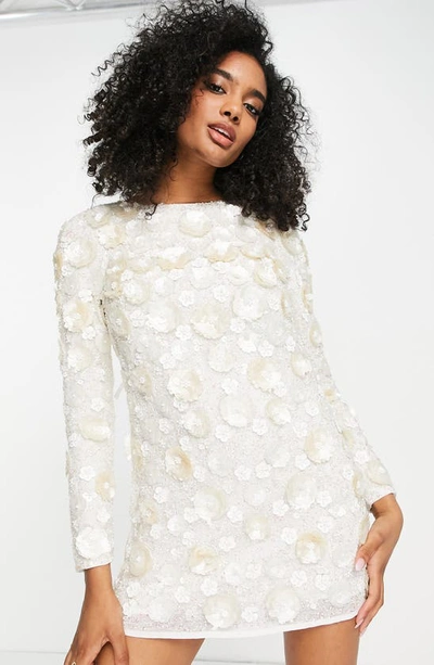 Shop Asos Design Beaded Floral Embellished Long Sleeve Minidress In White