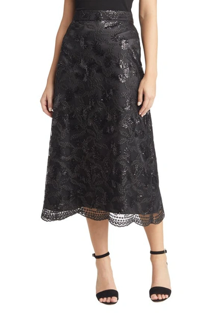 Shop Anne Klein Leaf Sequin A-line Midi Skirt In Anne Black