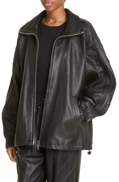 Shop Alexander Wang Oversize Logo Lambskin Leather Track Jacket In Black