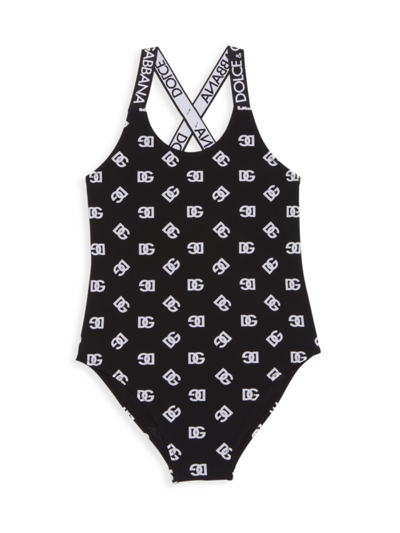 Shop Dolce & Gabbana Little Girl's & Girl's 'dg' Print One-piece Swimsuit In Black White