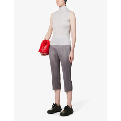 Shop Issey Miyake Pleats Please  Women's Grey Pleat Cropped Straight-leg Knitted Trousers