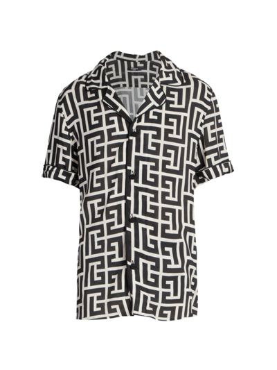 Shop Balmain Men's Macromonogram Short-sleeve Pajama Shirt In Ivoire Noir