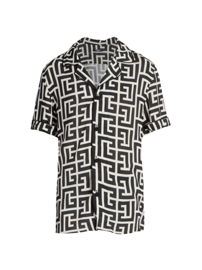 Balmain Monogram Printed Short-sleeved Shirt In Black