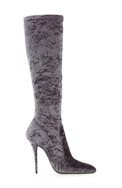 Shop Saint Laurent Ella Velvet Knee High Boot In Cool Grey