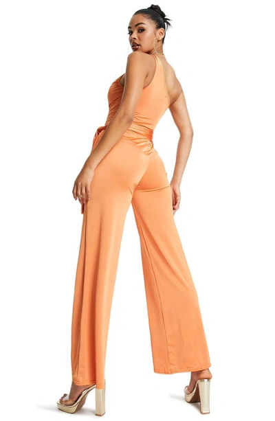 Shop Asos Design One Shoulder Wide Leg Jumpsuit In Orange