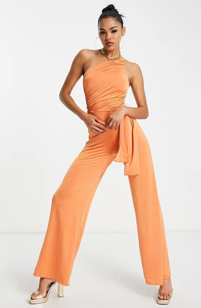 Shop Asos Design One Shoulder Wide Leg Jumpsuit In Orange