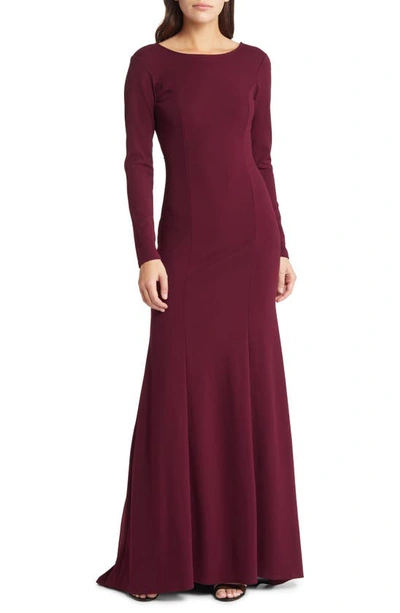 Shop Lulus Wait For Me Open Back Long Sleeve Body-con Gown In Burgundy