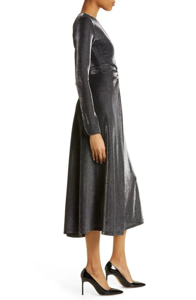 Shop Rotate Birger Christensen Long Sleeve Metallic Jersey Midi Dress In Black