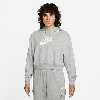 Shop Nike Women's Sportswear Club Fleece Crop Hoodie In Dark Grey Heather/white