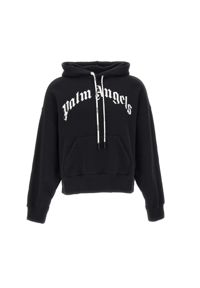 Shop Palm Angels Curved Logo Hoody Cotton Sweatshirt In Black