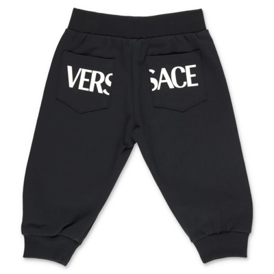 Shop Young Versace Pantalone Nero In Felpa Di Cotone In Nero/bianco