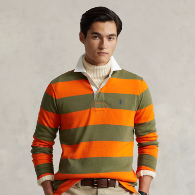 Shop Ralph Lauren Classic Fit Striped Jersey Rugby Shirt In Dark Sage/sailing Orange