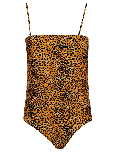 Shop Ganni Animal-print One-piece Swimsuit In Bright Marigold