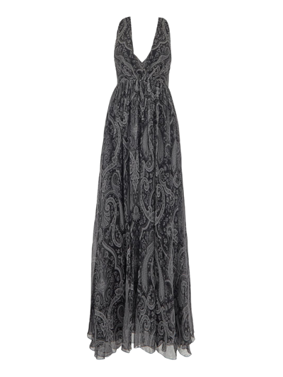 Etro Long Dress In Black Silk Chiffon With Paisley Print In Black