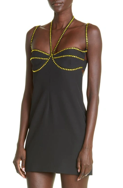 Shop Attico Coco Rhinestone Detail Halter Neck Minidress In Black