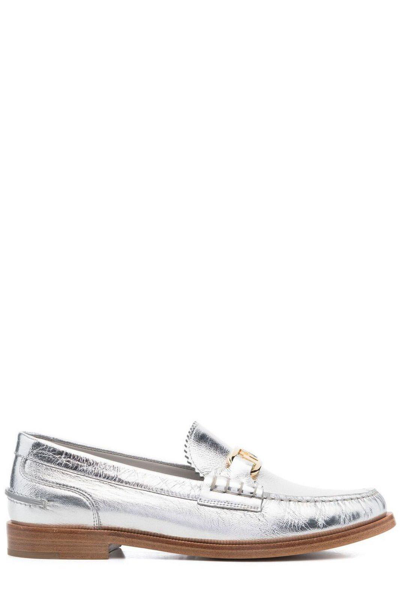 Shop Fendi Logo Plaque Slip-on Loafers In Argento