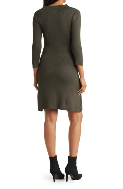 Love By Design Vermont Spread Collar Three-quarter Sleeve Rib Knit Dress In Rifle Green