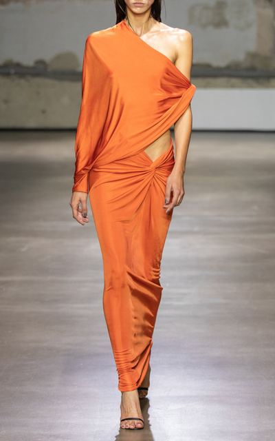 Atlein Exclusive Shiny Jersey Fluted Maxi Dress In Orange | ModeSens