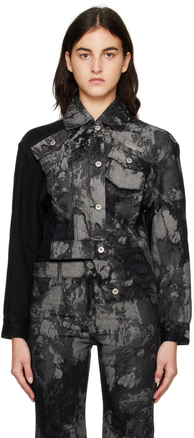 Shop Feng Chen Wang Black Jacquard Denim Jacket