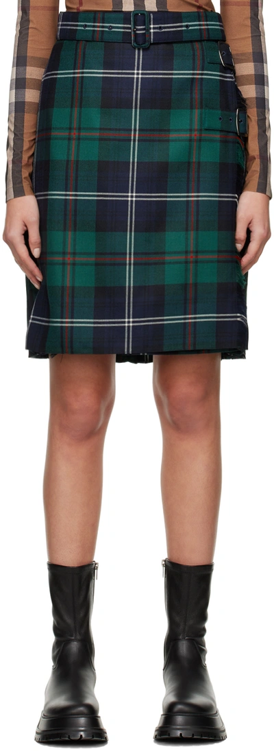 Shop Burberry Green Check Midi Skirt In Dark Viridian Green