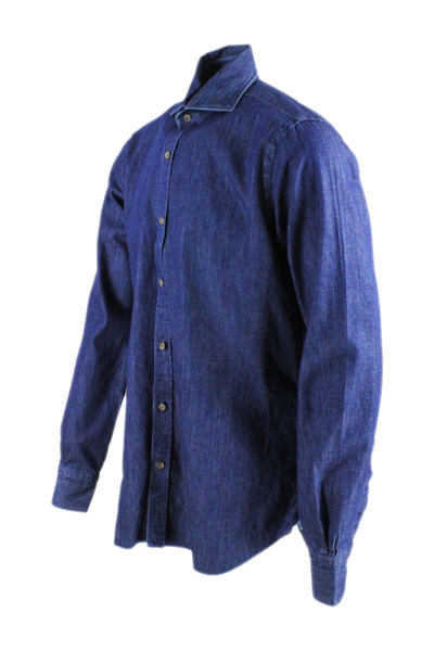 Shop Barba Men's Blue Cotton Shirt