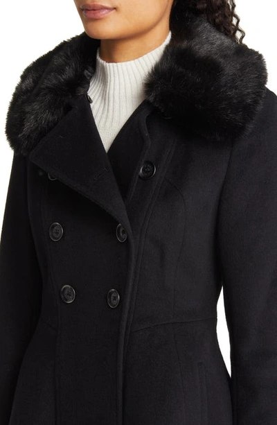 Shop Via Spiga Double Breasted Skater Faux Fur Collar Wool Blend Coat In Black