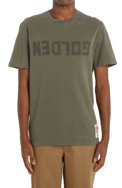 Shop Golden Goose Distressed Upside Down Logo Cotton Graphic Tee In Dusty Olive