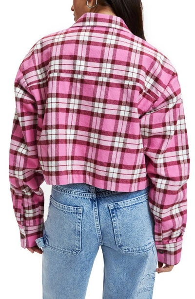 Shop Good American Plaid Flannel Crop Button-up Shirt In Sorority Pink Team Cardinal