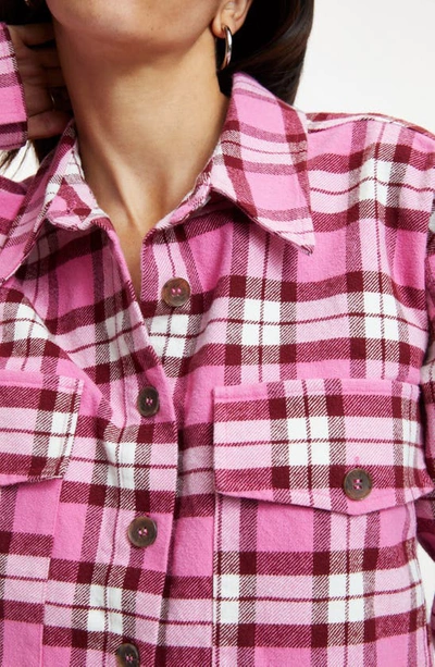 Shop Good American Plaid Flannel Crop Button-up Shirt In Sorority Pink Team Cardinal