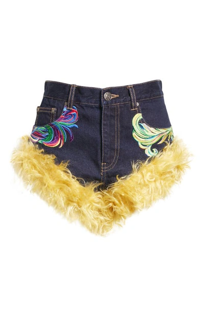 Shop Area Embroidered Feather Mohair Trim Denim Hot Shorts In Dark Indigo