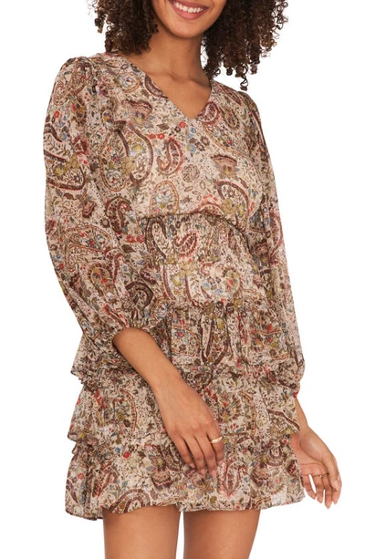 Shop Vince Camuto Paisley Print Metallic Tiered Minidress In French Roast