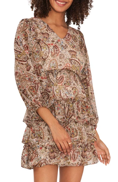 Vince Camuto Paisley Print Metallic Tiered Minidress In French Roast