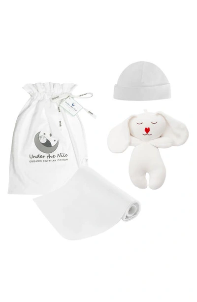 Under The Nile Babies' Organic Cotton Swaddle Blanket, Beanie & Toy Set In Off-white