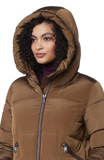 Andrew Marc Palma Shimmer Water Resistant Hooded Down Puffer Jacket In Sepia