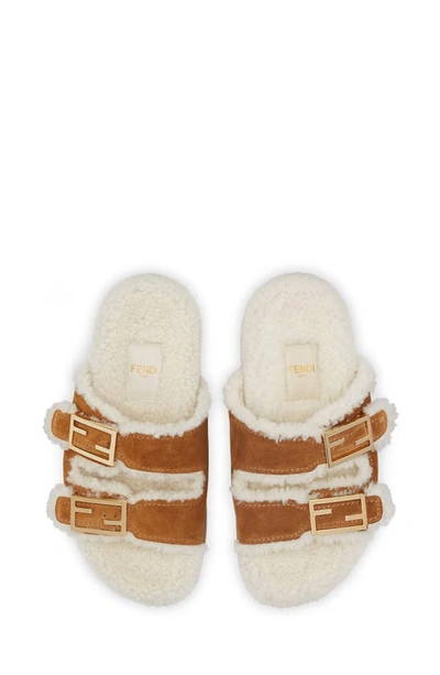 Shop Fendi Feel Genuine Shearling Slide Sandal In Beige/ Latte