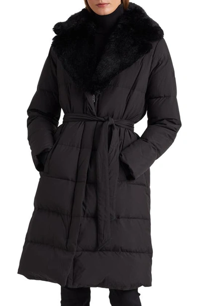 Lauren Ralph Lauren Belted Faux Fur Collar Down & Feather Fill Puffer Coat In 黑色