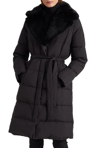 Shop Lauren Ralph Lauren Belted Faux Fur Collar Down & Feather Fill Puffer Coat In Black